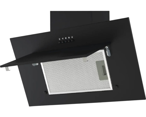 Schwarze Dunstabzugshaube mit geöffneter Klappe und Metallfilter