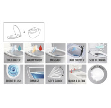 Funktionen des WCs: Kaltwasser, Warmwasser, Massage, Ladydusche, Selbstreinigung, Turbospülung, spülrandlos, Soft Close, Quick & Clean, Glänzend Weiß