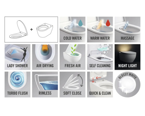 Funktionen des Dusch-WCs: Kaltes Wasser, warmes Wasser, Massage, Ladydusche, Lufttrocknung, Frischluft, Selbstreinigung, Nachtlicht, Turbospülung, spülrandlos, Soft-Close-Funktion, Quick-Clean-Funktion, Hochglanz Weiß