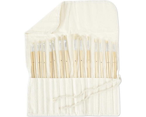 Pinselset in einer hellen Stofftasche, geordnet nach Nummern