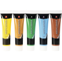 Cinq tubes de peinture acrylique, chacun contenant 100 ml