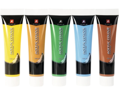Cinq tubes de peinture acrylique, chacun contenant 100 ml