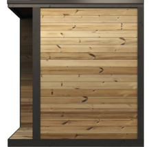 Baussewand aus hellen Holzbohlen mat engem donkerem Kader fir e Gaardenhaus.