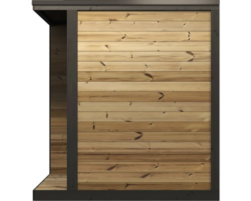 Baussewand aus hellen Holzbohlen mat engem donkerem Kader fir e Gaardenhaus.