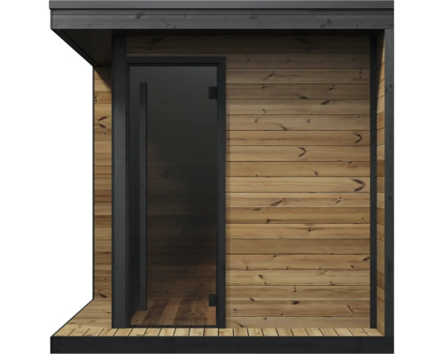 Moderne Außensauna aus Holzpaneelen mit einer Glastür im schwarzen Rahmen und Dachüberstand.