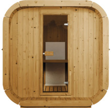 Quadratische Fasssauna aus Holz mit einer Glastür und einem Holzgriff für den Garten.