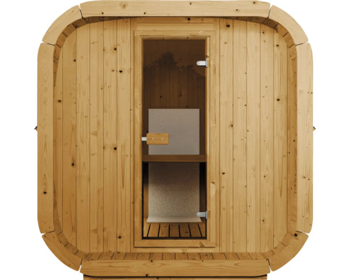 Frontansicht einer quadratischen Fasssauna aus Naturholz mit einer Glastür und Holzgriff.