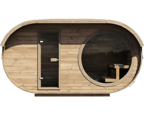 Ovale Außensauna aus Holz mit Glastür und großem rundem Panoramafenster.