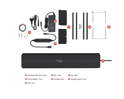 Komponenten einer LED Aquarienleuchte, inklusive Edelstahlständer, Stäbe, Kappen, Netzteil, Controller und Aufhängungsseil Set.