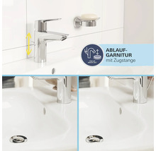 Waschtischarmatur mit Zugstange und Seifenschale im Badezimmer