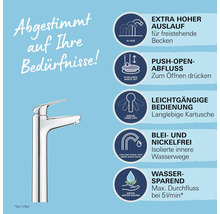 Armatur mit Funktionen wie extra hohem Auslauf, Push Open Abfluss, leichtgängiger Bedienung, Blei- und Nickelfreiheit und Wassersparen