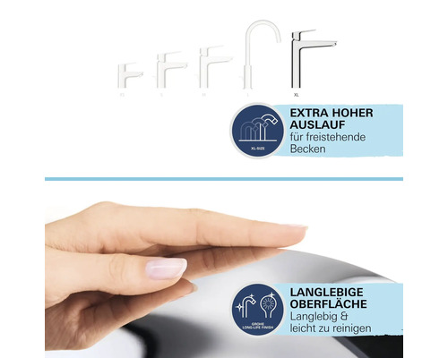 Verschiedene Größen von Wasserhähnen dargestellt, von XS bis XL. Symbol für extra hohen Auslauf für freistehende Becken. Symbol für langlebige, leicht zu reinigende Oberfläche. Hand auf einer glänzenden Oberfläche.