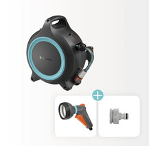 Dévidoir sur enrouleur Gardena avec tuyau d'arrosage, lance d'arrosage et raccord de robinet