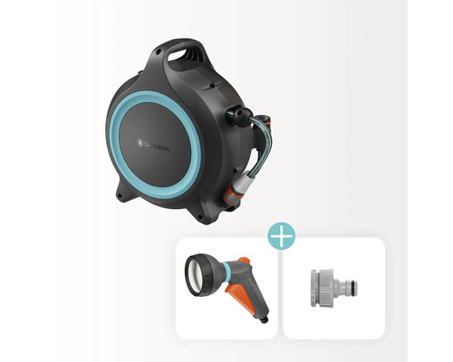 Dévidoir sur enrouleur Gardena avec tuyau d'arrosage, lance d'arrosage et raccord de robinet