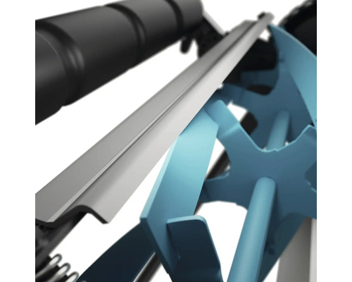 Vue détaillée d'un dispositif avec un rail métallique et un élément de roue bleu.