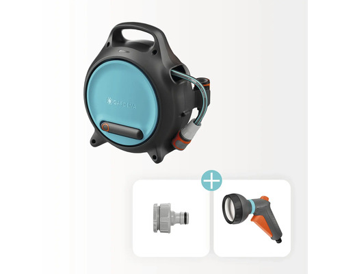 Dévidoir mural Gardena avec tuyau d'arrosage, raccord et lance