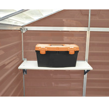 Werkzeugkasten auf einem Regal im Gerätehaus zur Aufbewahrung von Werkzeugen