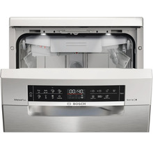 Lave-vaisselle Bosch Série 6 ouvert avec divers programmes de lavage.