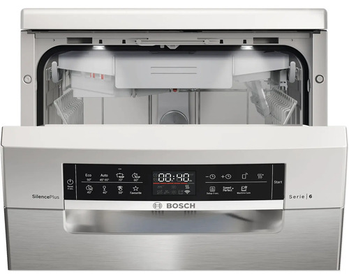 Lave-vaisselle Bosch Série 6 ouvert avec divers programmes de lavage.