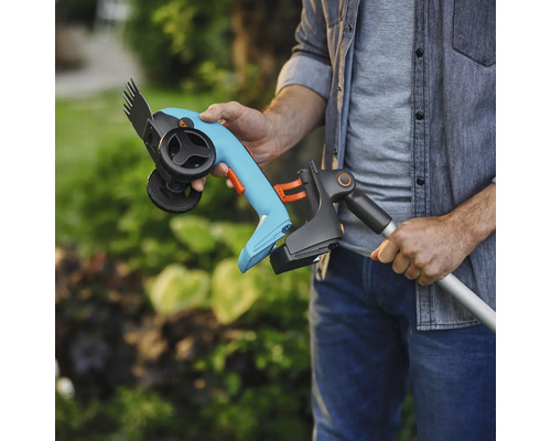 Person hält Akku-Gras- und Strauchschere mit Teleskopstiel