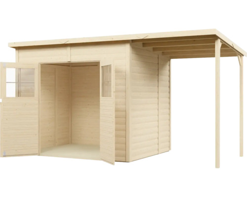 Holzgartenhaus mit offenstehenden Türen und überdachter Veranda