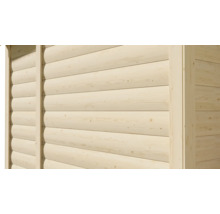 Detailansicht einer Holzwand aus hellen Blockbohlen