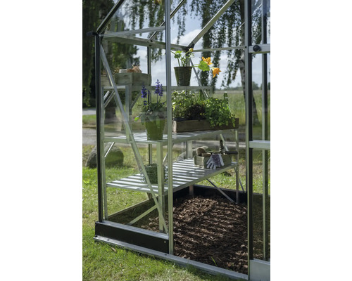 Gewächshaus mit Regalen und Pflanzen