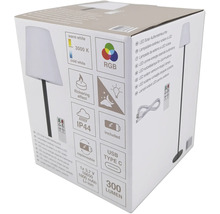 Emballage d'un lampadaire solaire extérieur à LED avec des détails techniques tels que lumière blanc chaud, 3000 Kelvin, mode de couleur RGB, effet de scintillement, indice de protection IP44, port de charge USB Type C inclus et intensité...