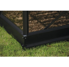 Detailansicht eines schwarzen Gewächshausrahmens auf Rasen