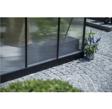 Detailansicht eines Gewächshauses mit Polycarbonatplatten und Pflanze im Topf