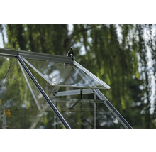 Detailansicht eines Gewächshauses mit geöffnetem Fenster zur Belüftung