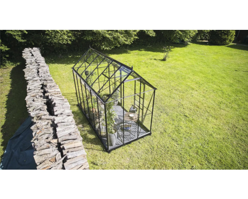 Serre avec verre et cadre en métal dans le jardin