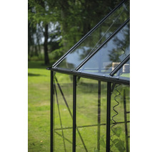 Vue détaillée d'une serre avec des parois en verre et un cadre foncé dans le jardin.