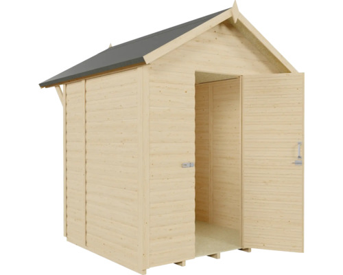 Abri de jardin en bois avec double porte ouverte