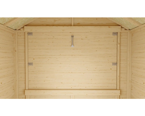 Vue intérieure d'une remise avec des murs en bois et une fenêtre rabattable