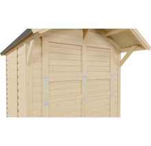 Vue détaillée d'une cabane de jardin en bois avec double porte et toit à deux pentes