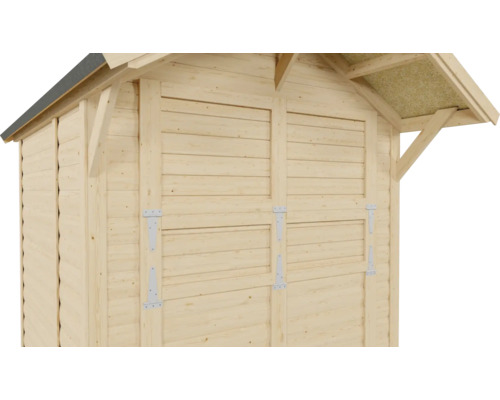 Vue détaillée d'une cabane de jardin en bois avec double porte et toit à deux pentes
