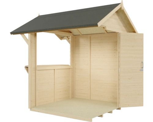 Pavillon de jardin ouvert en bois avec toit et porte