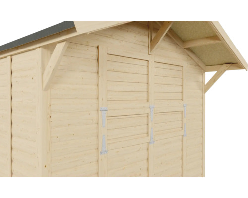 Vue détaillée d'un abri de jardin avec des murs en bois et des volets