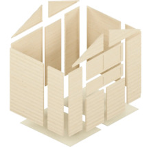 Kit de construction en bois pour une cabane de jardin avec différentes pièces en bois.