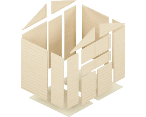 Kit de construction en bois pour une cabane de jardin avec différentes pièces en bois.