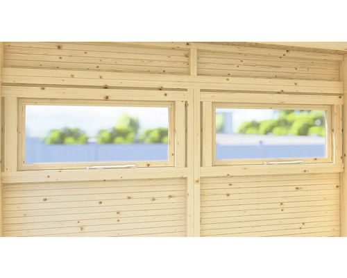 Vue intérieure d'un abri de jardin en bois avec deux fenêtres