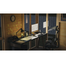 Poste de travail de bureau dans une cabane de jardin avec bureau, chaise de bureau, ordinateur, lampe et horloge murale