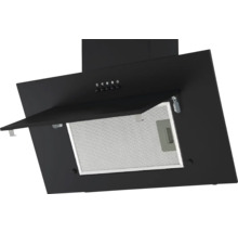Hotte d'aspiration noire avec clapet ouvert et filtre