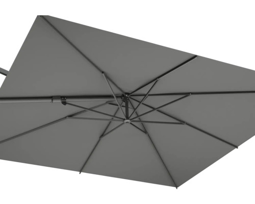 Gros plan d'un parasol gris vu de dessous, montrant la construction