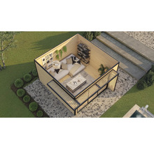 Vue d'un pavillon de jardin avec coin salon, étagères, terrasse et espace extérieur pavé.