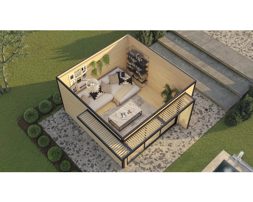 Vue d'un pavillon de jardin avec coin salon, étagères, terrasse et espace extérieur pavé.