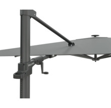 Detailansicht eines Sonnenschirms mit Kurbelmechanismus und Soluna Logo