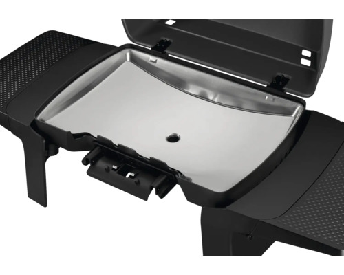 Gril électrique ouvert avec surface de cuisson et espace de stockage