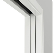 Vue détaillée d'un cadre de porte coulissante blanc avec rail noir